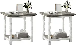 DWVO Farmhouse Square Coffee Table Set of 2, Antique Accent Side Table with Floor Shelf, 23.6"x 23.6" Living Room Furniture, Vintage Ivory & White