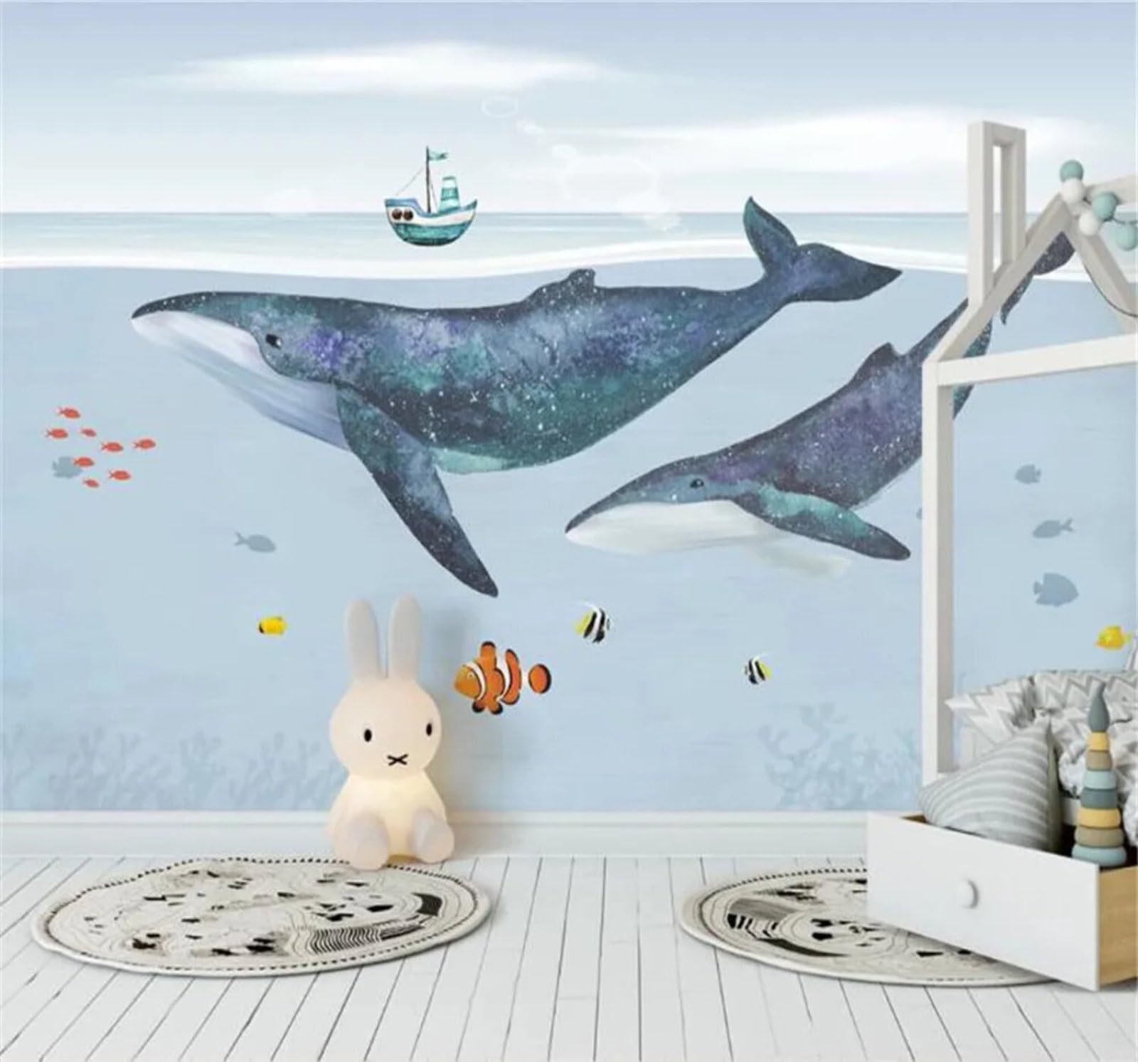 Tzxztt Cartoon Blue Ocean Whale Sailing Boat Modern 3D Wallpaper Premium Textured Silk Neutral Tones Material Ideal for Living Room Bedroom-300cm×210cm