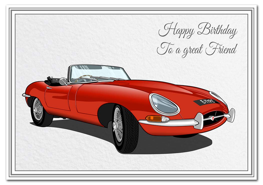 Happy Birthday Card - Men Boys all Ages - Unique Keepsake for him E-Type Jag car (Friend Birthday Card)