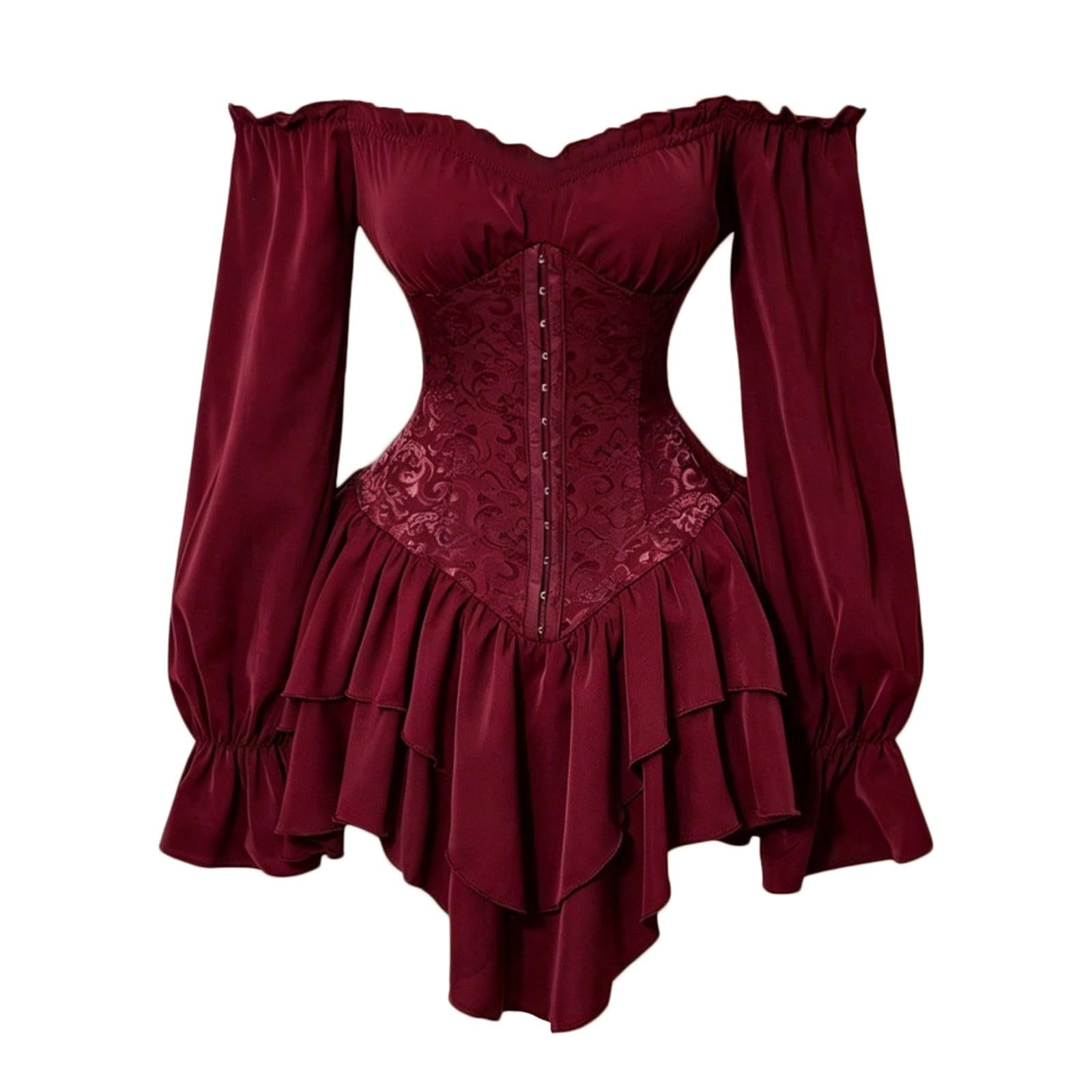 Disfraz Renacentista Mujer,Vestido BlusóN GeoméTrico Midi Para Mujer Corte Ajustado Mangas Largas Hombros Descubiertos Estilo Casual Elegante