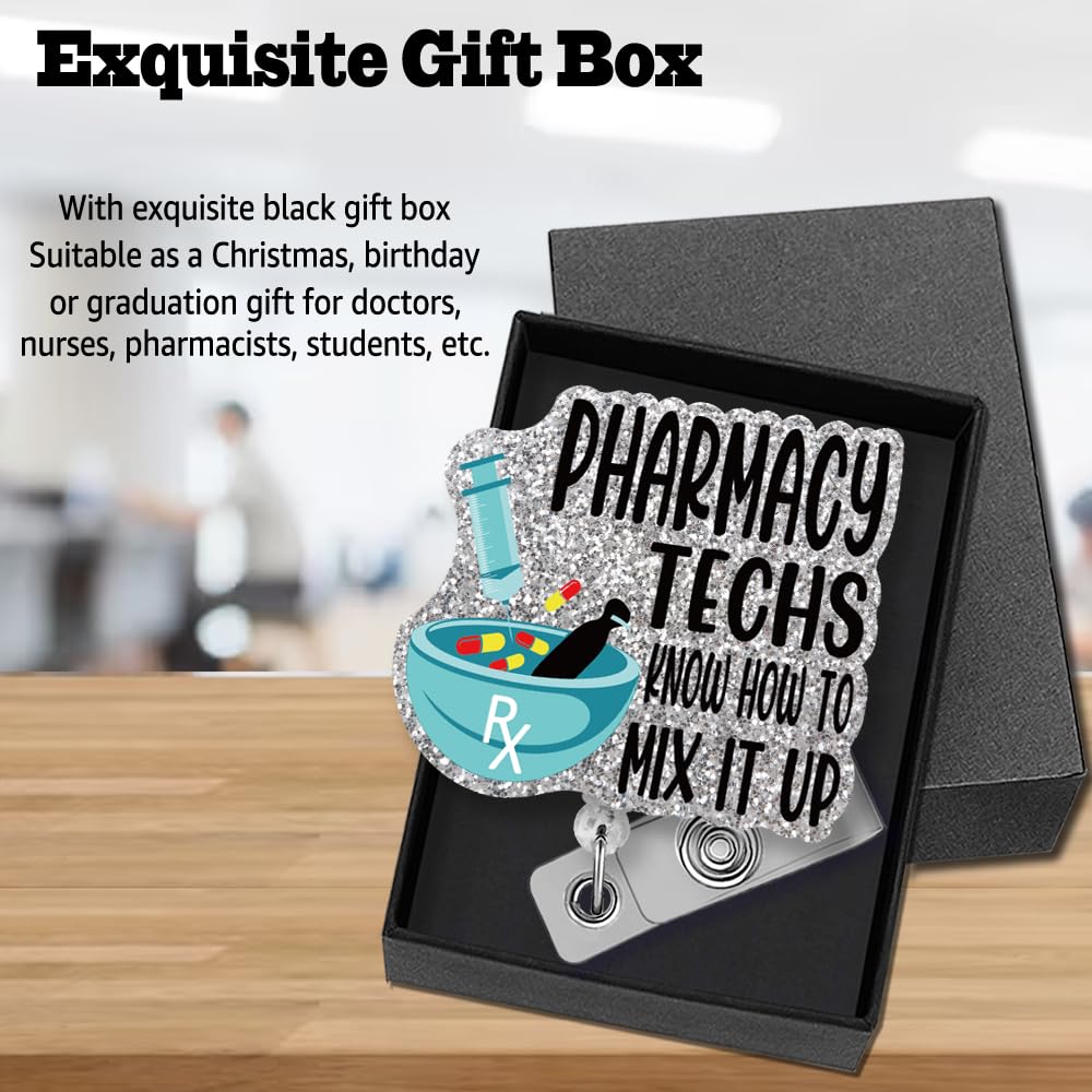 "Pharmacy Techs Know How To Mix It Up" Glitter Badge Reel - Funny Retractable ID Holder For Healthcare - View #4