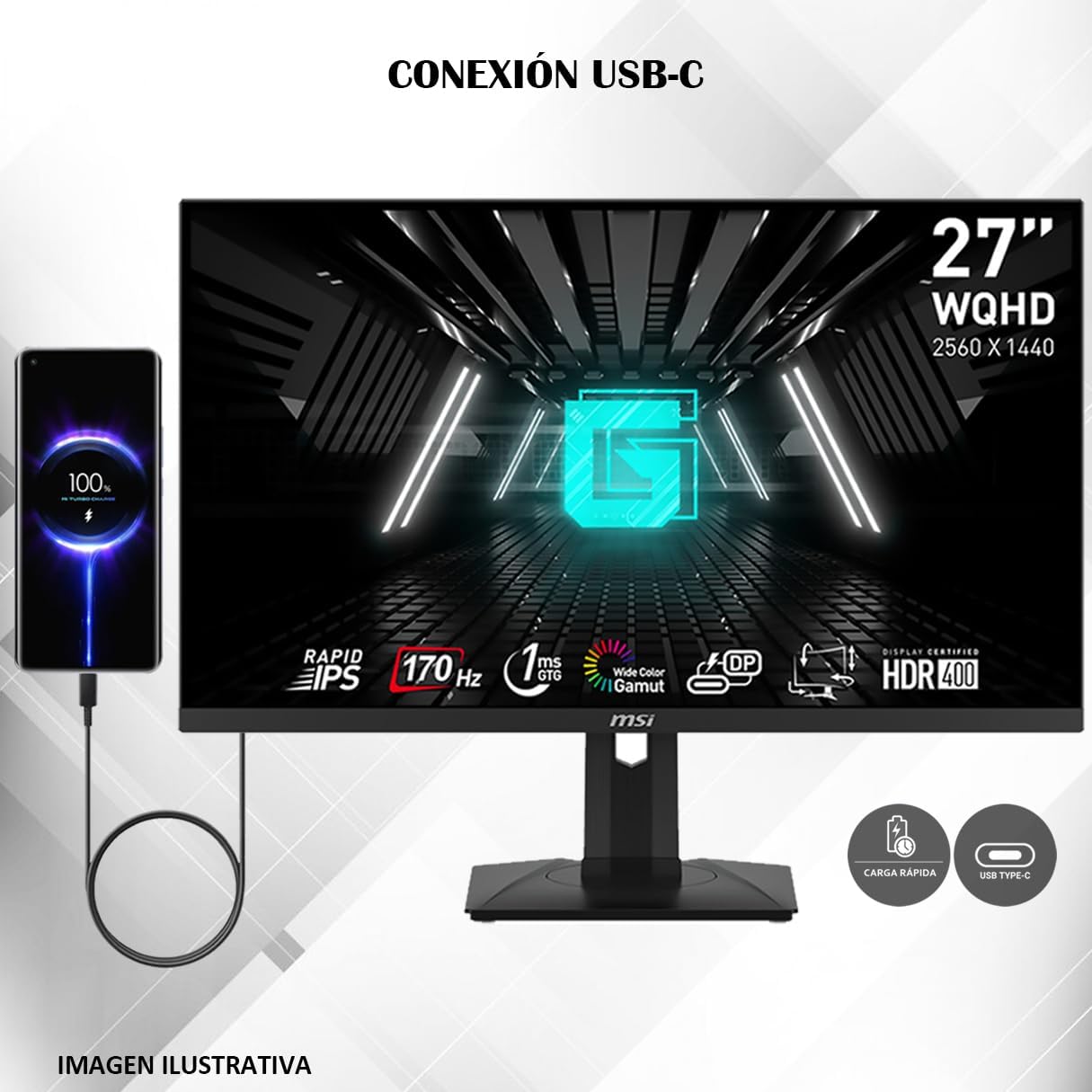 MSI G274QPF, 27" Gaming Monitor • 2560 x 1440 (2K WQHD) • Rapid IPS • 1ms • 170Hz • G-Sync Compatible • HDR 400 • USB-C • HDMI • Displayport • Tilt • Swivel • Height Adjustable • Pivot