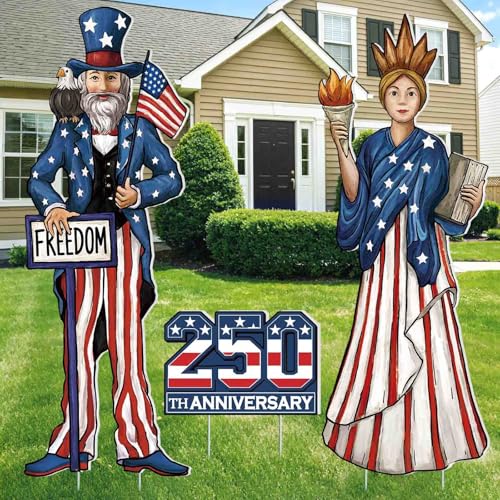 DIYDEC 3PCS 4th of July Yard Sign 32 x 10 Inch 250th Anniversary Yard Decor with Iron Stakes Independence Red White Blue Stars Patriotic Memorial Day Party Decor for Home Garden Pathway Supplies