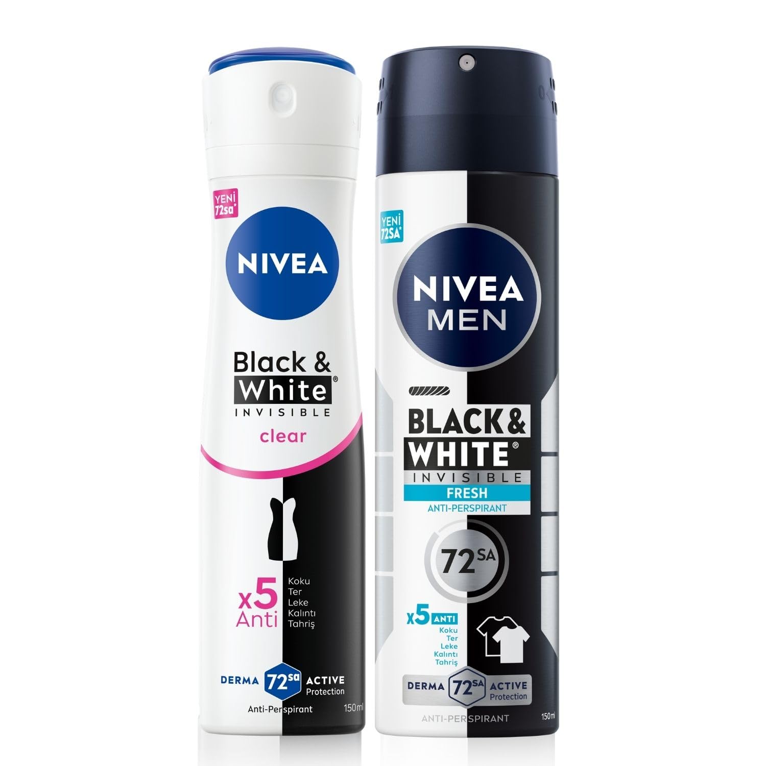 NIVEA Kadın Sprey Deodorant Black&White Invisible Clear 150 ml+ NIVEA MEN Erkek Sprey Deodorant Black&White Invisible Fresh 150 ml