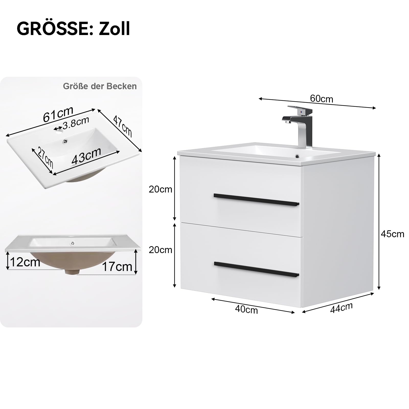 Waschbecken mit Unterschrank 60 cm breit, Waschbeckenunterschrank, Badmöbel Set für Gäste-WC, Hängender Waschtisch mit Keramikwaschbecken, Weiß Hochglanz Badmöbel mit 2 Soft-Close-Schubladen