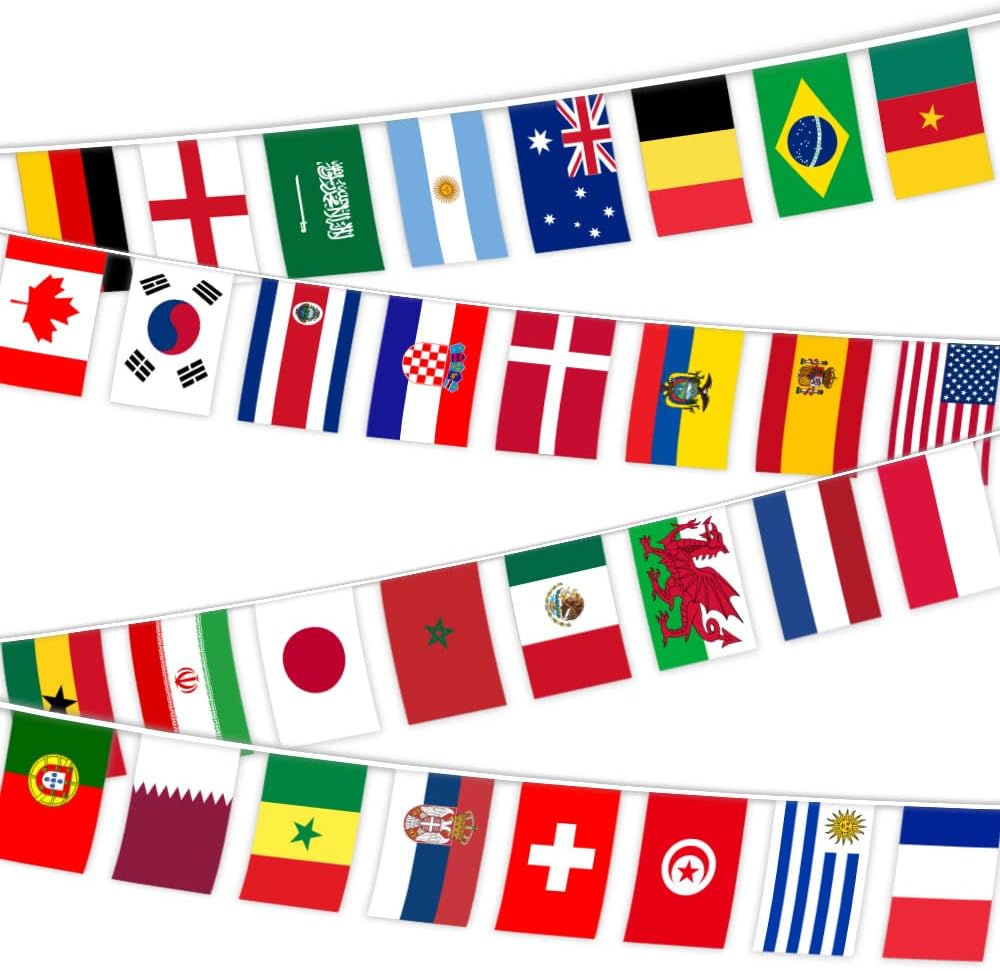 E-ASUM 2-Pack World Cup Football 2022 String Flag Bunting, Double Sides Fabric Bunting, 32 Teams Flags Bunting for Restaurants, Sport Bars, Game Night 14x21 cm-10 m