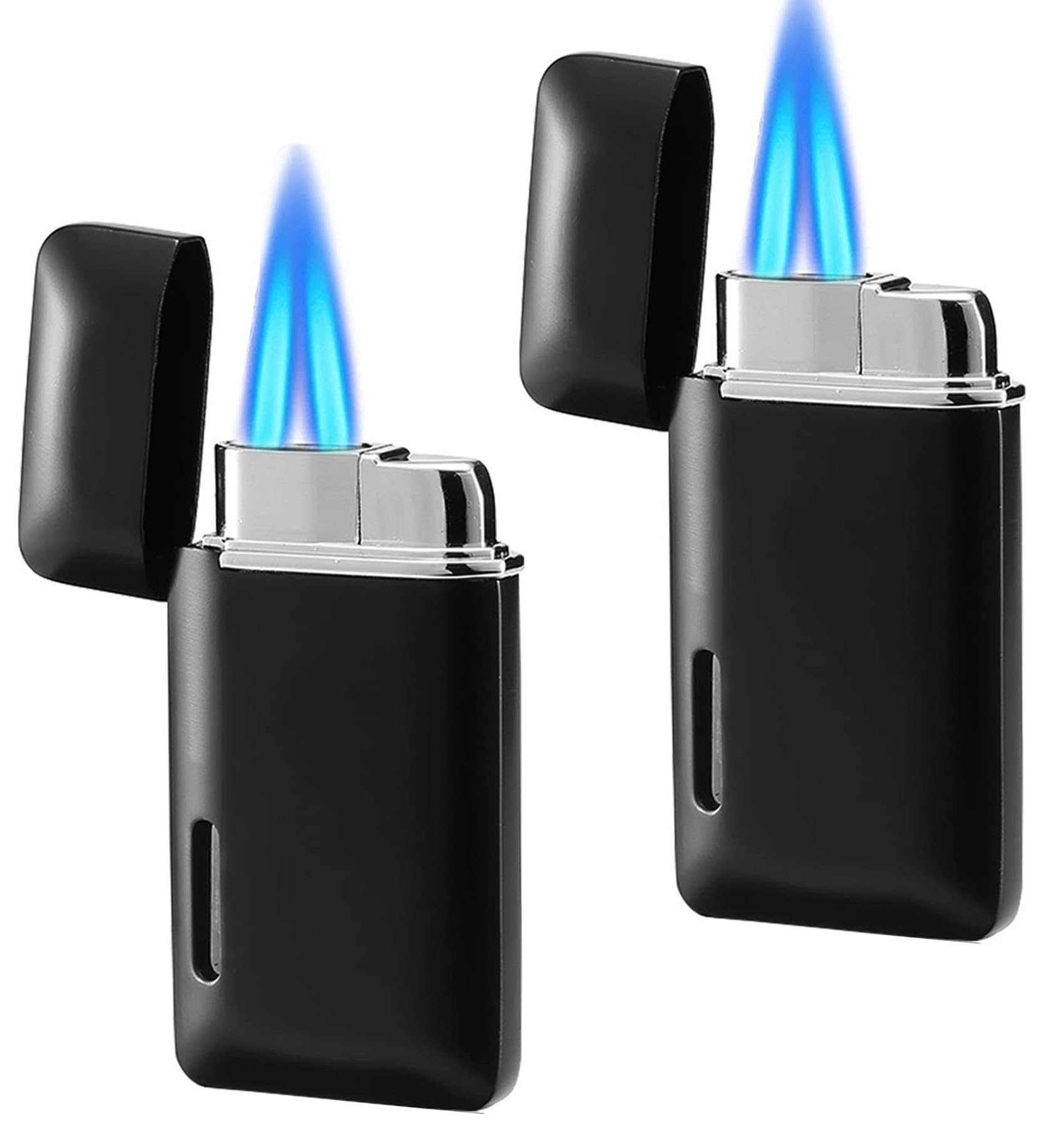Lot de 2 briquets coupe-vent au butane rechargeables, chalumeau à double jet réglable avec réservoir de carburant visuel, idéal pour bougies, barbecues et cheminées