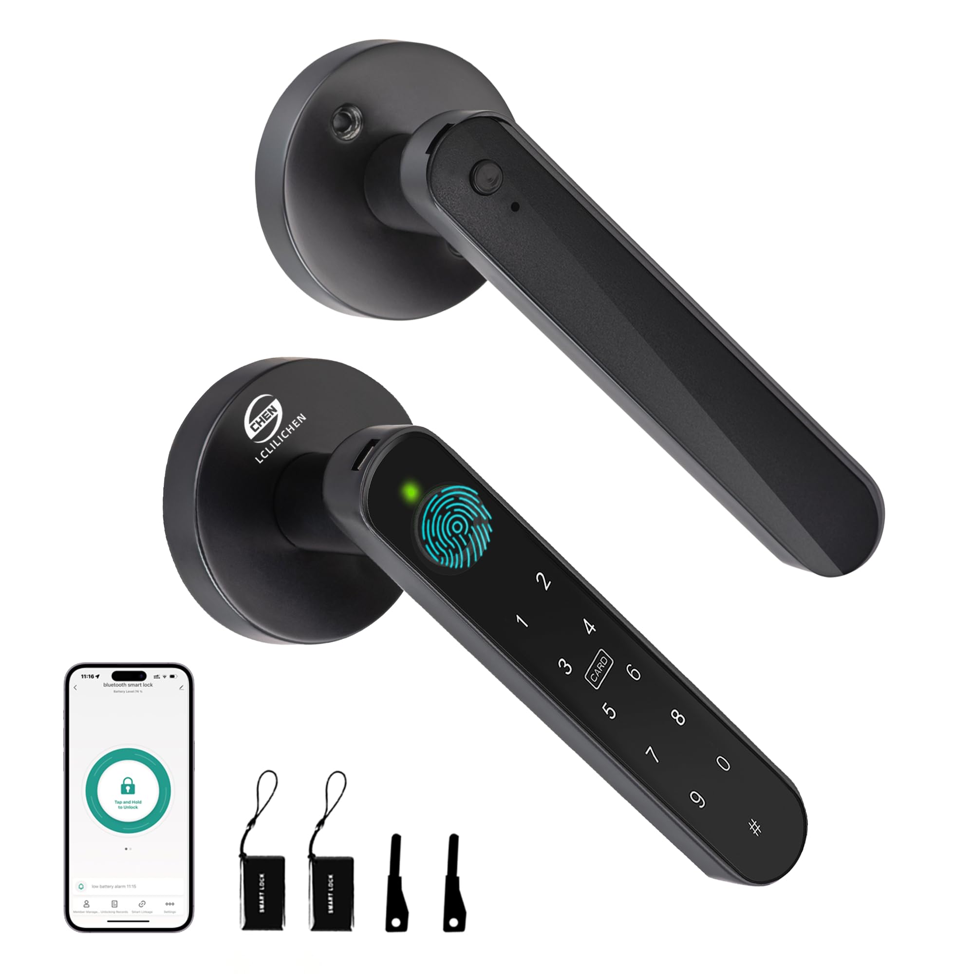 Photo 1 of CHEN LCLILICHEN Fingerprint Door Lock, 5-in-1 Smart Door Knob with Handle, Biometric Keyless Entry with Keypad and App for Bedroom Home Office Doors