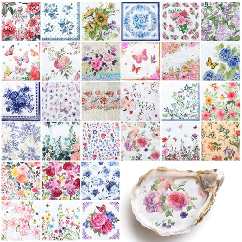 NatNarr 30 Pack Decoupage Napkins 30 Styles Floral Paper Napkins Chinoiserie Decorative Decoupage Napkin Printed Cocktail Paper for DIY Crafting Spring Party 13 * 13 Inch