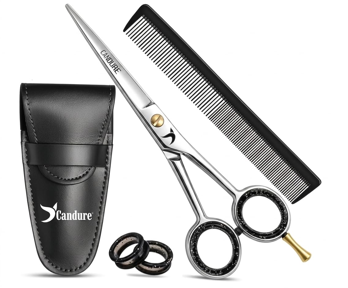 Ciseaux de coiffure professionnels Candure 6,5", ciseaux de coiffure de salon avec peigne et étui, kit de ciseaux de coiffure en acier inoxydable pour hommes et femmes (argent et or)