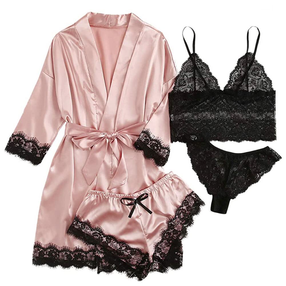 iSpchen Pyjama 4 pièces pour femme - Ensemble pyjama long - Sous-vêtements sexy en dentelle - Pantalon court - Chemise de nuit - Printemps été automne - Robe de chambre douce - Vêtement de nuit -