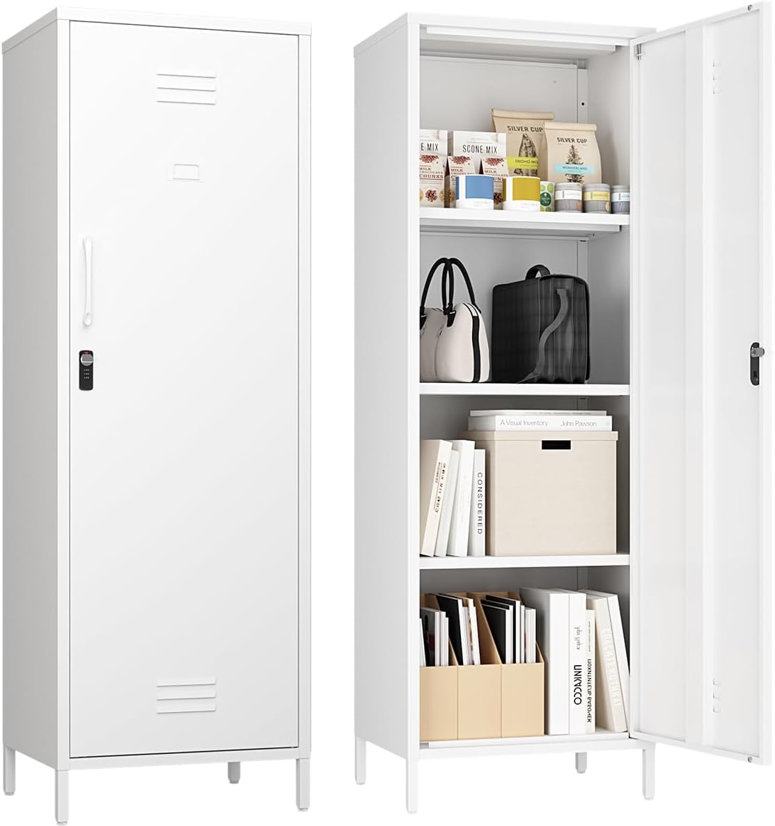 Steehoom Metal Locker Cabinet with Lock, Steel File Locker with Door and 3 Adjustable Narrow Storage Cabinet Shelves for School, Pantry, Garage, Office (White, H59.06'')