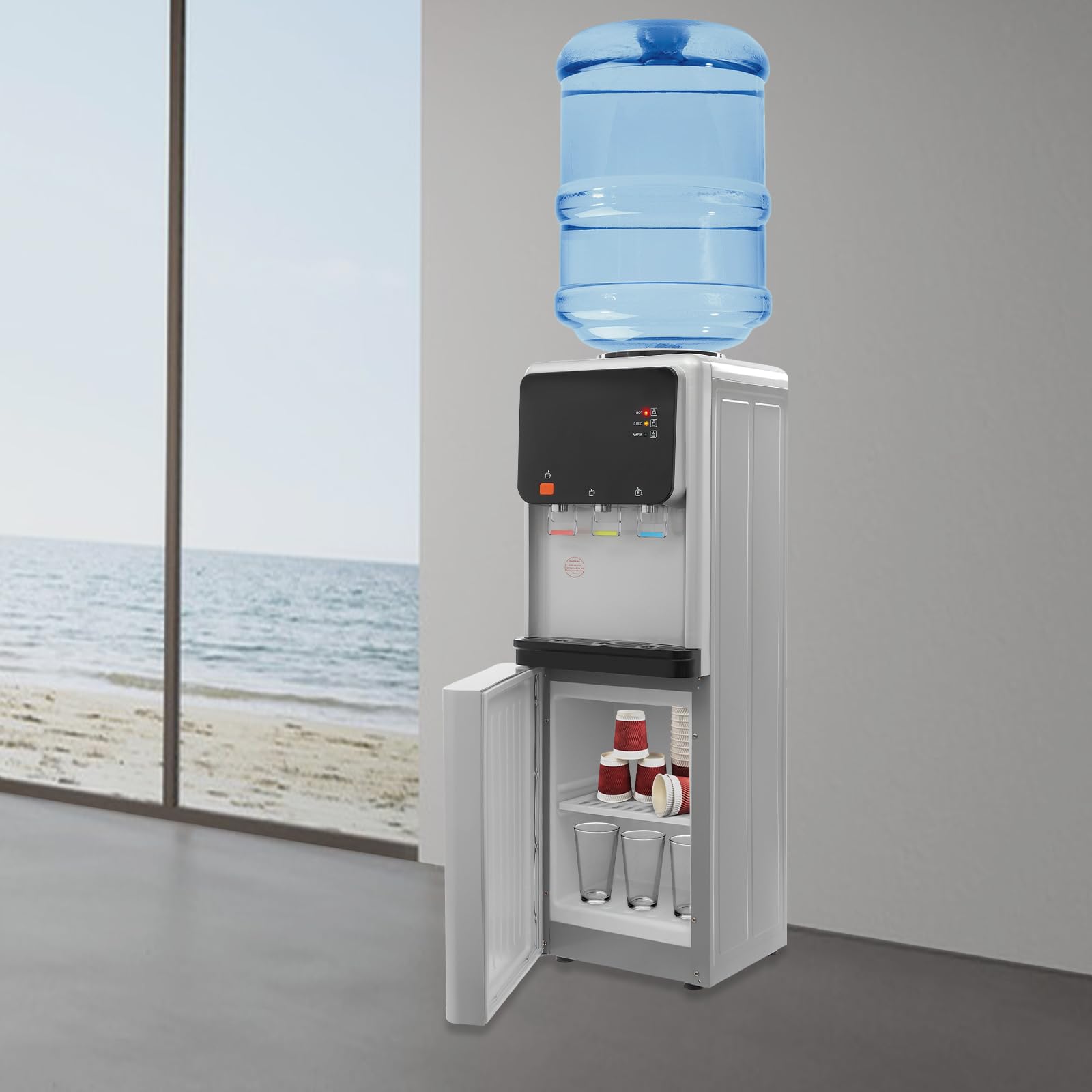 Wasserspender Oben beladen Heiß Kalt 3-Fach mit Staufach 500W Standgerät | ABS/Edelstahl, 3 Temperaturen (kalt/warm/heiß), 500W Heizung, 75W Kühlung, 19L Wasserflasche, Kindersicherung & Staufach