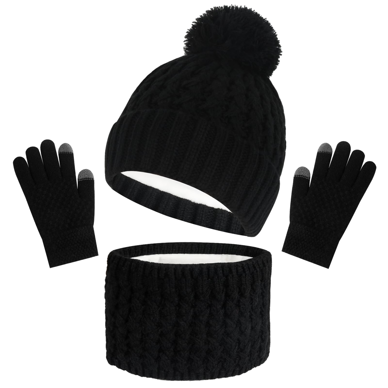 Kids Winter Beanie Hat Scarf Touchscreen Gloves Set, Fleece Lining Boys Girls Winter Hat Neck Warmer Gloves for 1-6 Years