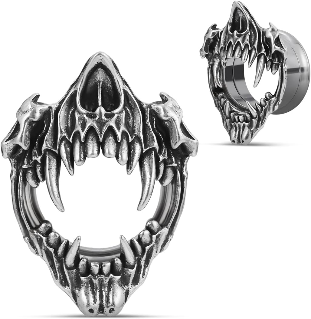 COOEAR Stainless Steel Tunnels, Open Mouth Sharp Teeth design Earring Plugs, Screw Back Piercing Expander Stretchers.