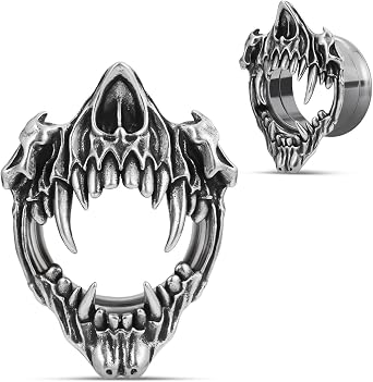 COOEAR Stainless Steel Tunnels, Open Mouth Sharp Teeth design Earring Plugs, Screw Back Piercing Expander Stretchers.