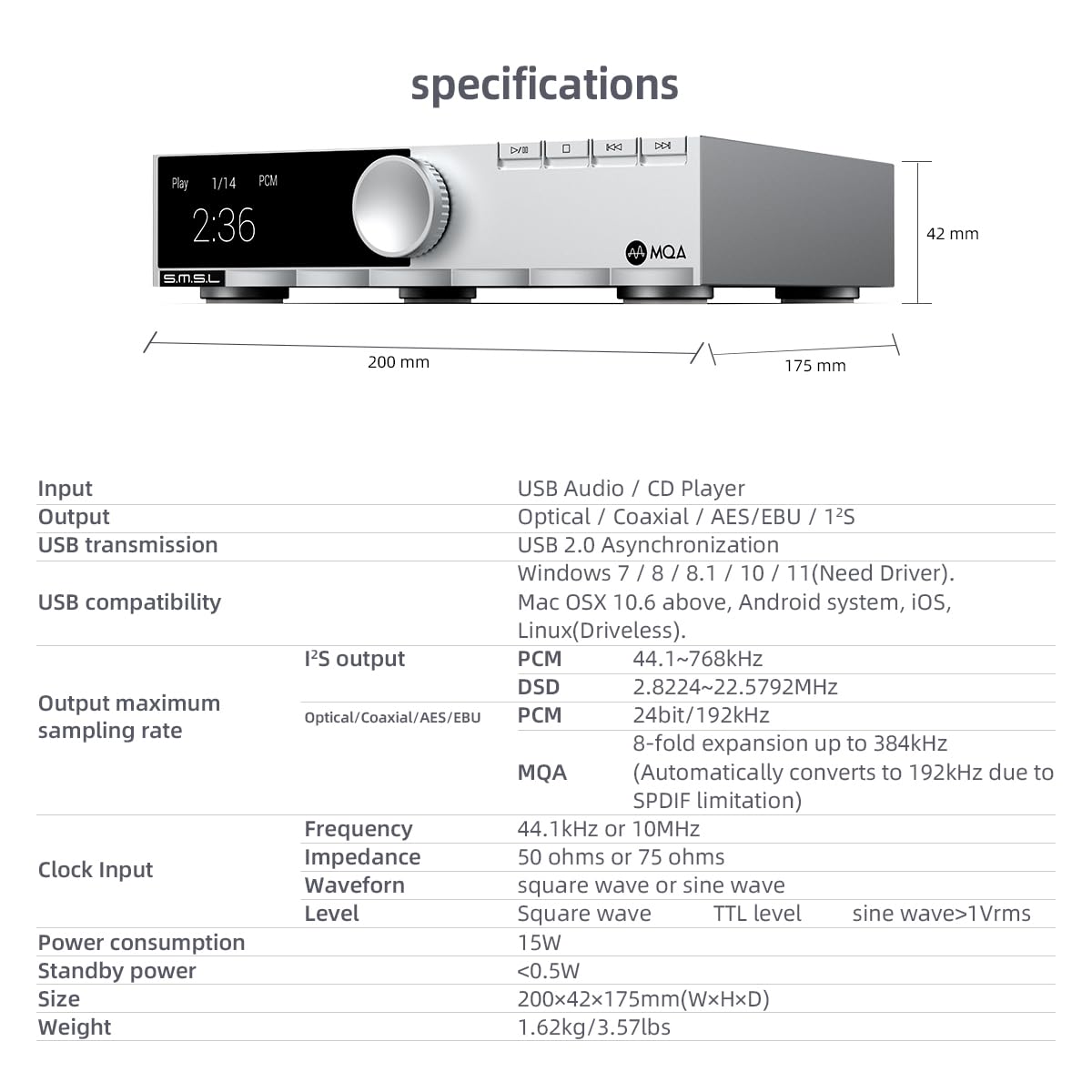 SMSL PL200T Hifi CD Trasportatore, Supporto ingresso USB, Uscite AES/EBU/I2S/Ottica/Coassiale, Lettore con decodifica MQA, Lettore CD per impianto stereo domestico con telecomando