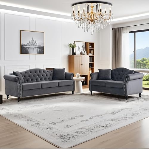 Chesterfield - Juego de 2 sofás biplaza de terciopelo gris moderno de 79 pulgadas, 3 plazas y 57 pulgadas, sofá combinado Chesterfield con 4