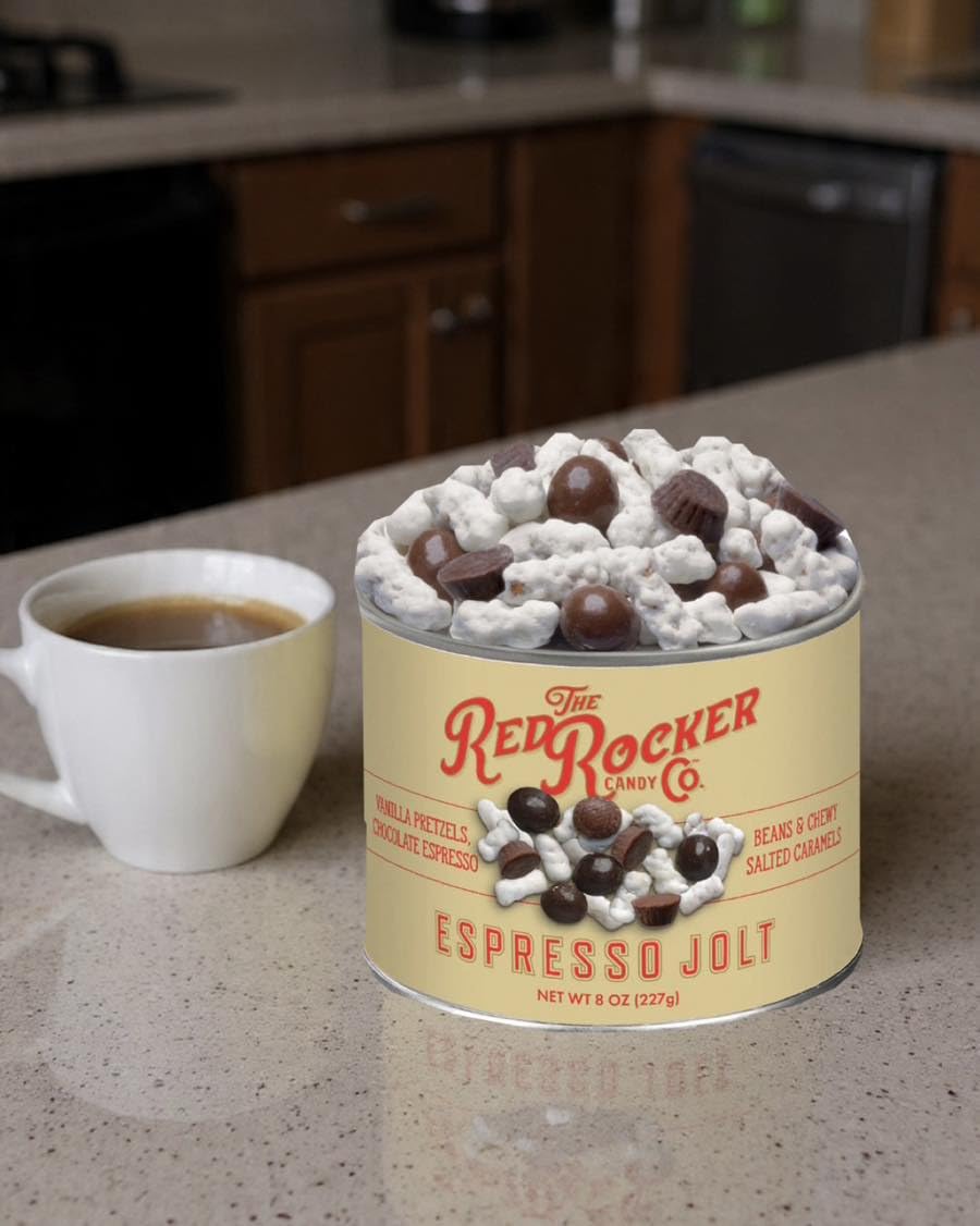Red Rocker Candy - Pack of 2 - Espresso Jolt - Coffee Inspired Snack Mix - 8 oz. Resealable Cans