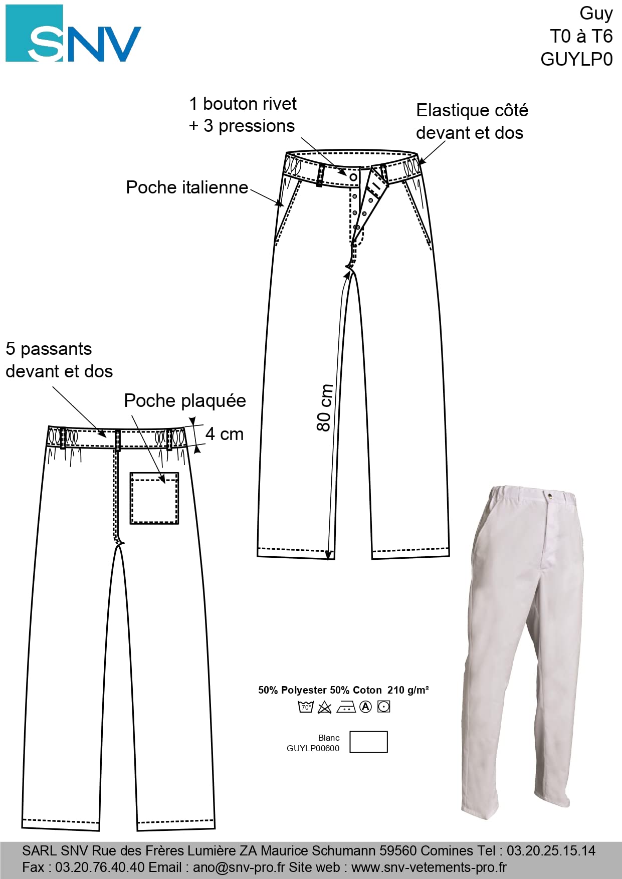 SNV Pantalon Cuisinier Blanc Coupe Droite Homme Cuisine Professionnelle Entretien Facile Polycoton