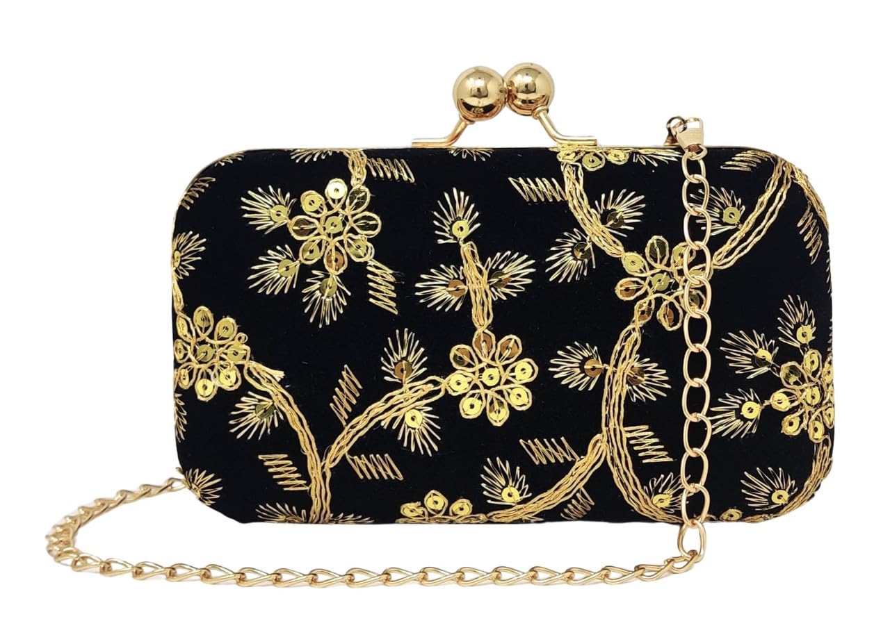 Women Black Wear Clutch Bag with Golden Handle & Chain Strap | Designer Hard Case Evening Handbag for Wedding, Festive, Bridal & Cocktail Occasion-picture-21