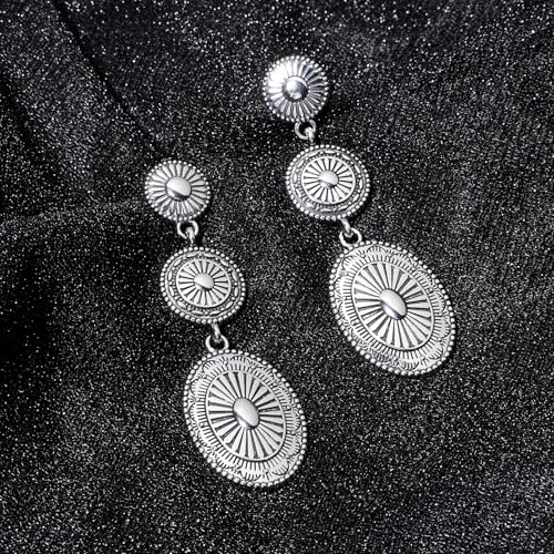 Silver Western Earrings for Women, Vintage Cowgirl Cowboy Western Silver Earrings, Oval Concho Drop Dangle Accessories Jewelry Country Concert Accessories for Women3