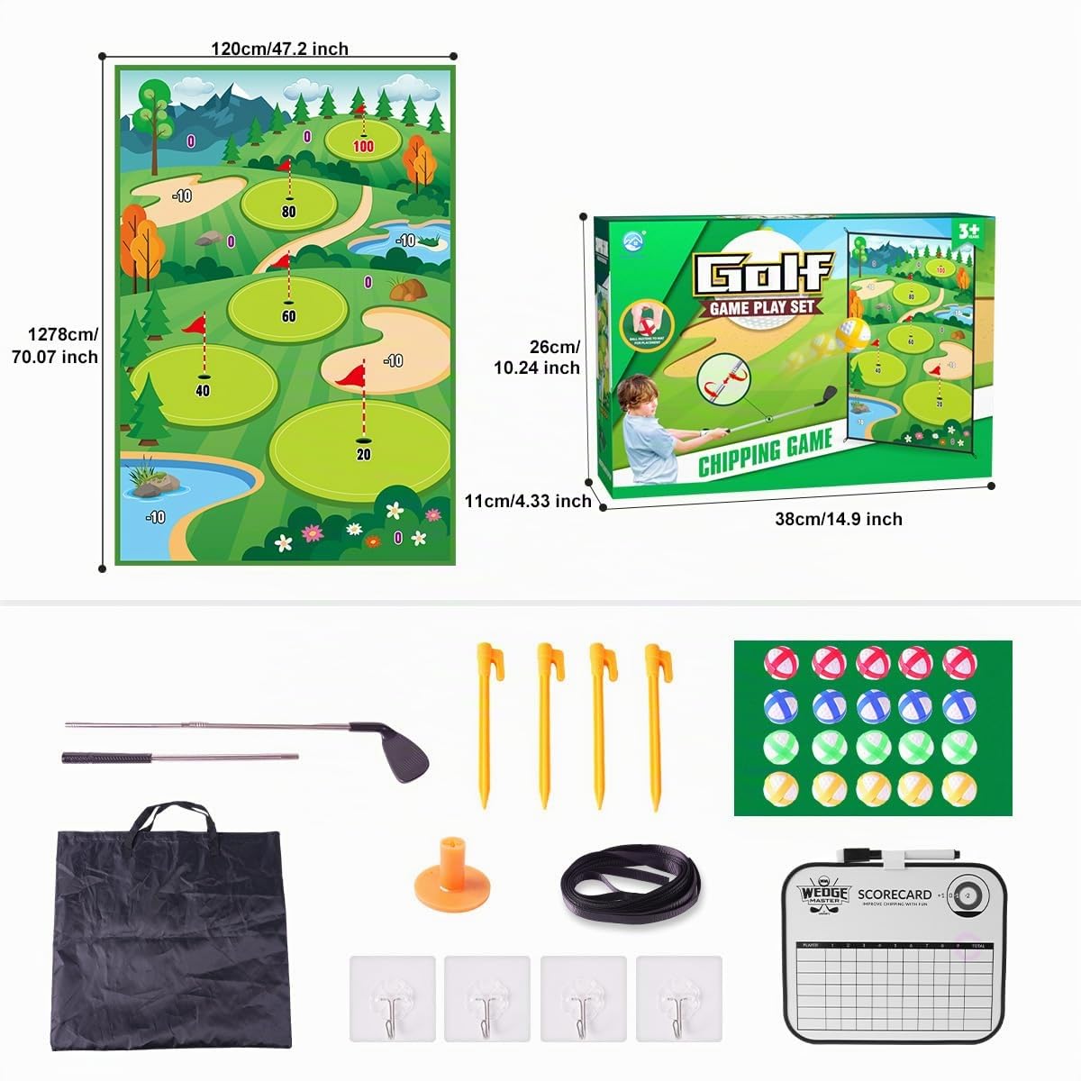 Golf-Chipping-Spiel mit Golf-Schlagmatte,Golf-Trainingsmatte, Schläger,Anzeigetafel,Zielen mit Übungs-Chipping-Matten-Kits,Golf-Zubehör für drinnen und draußen für den Garten der Erwachsenenfamilie