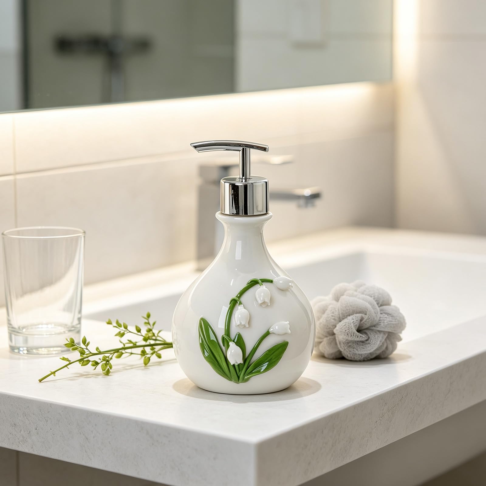Dispensador de jabón de cerámica con Relieve Floral, Botella de de loción de baño, decoración de mostrador de Flores de Valle para Lavabo, baño de Invitados, dispensador de jabón de de
