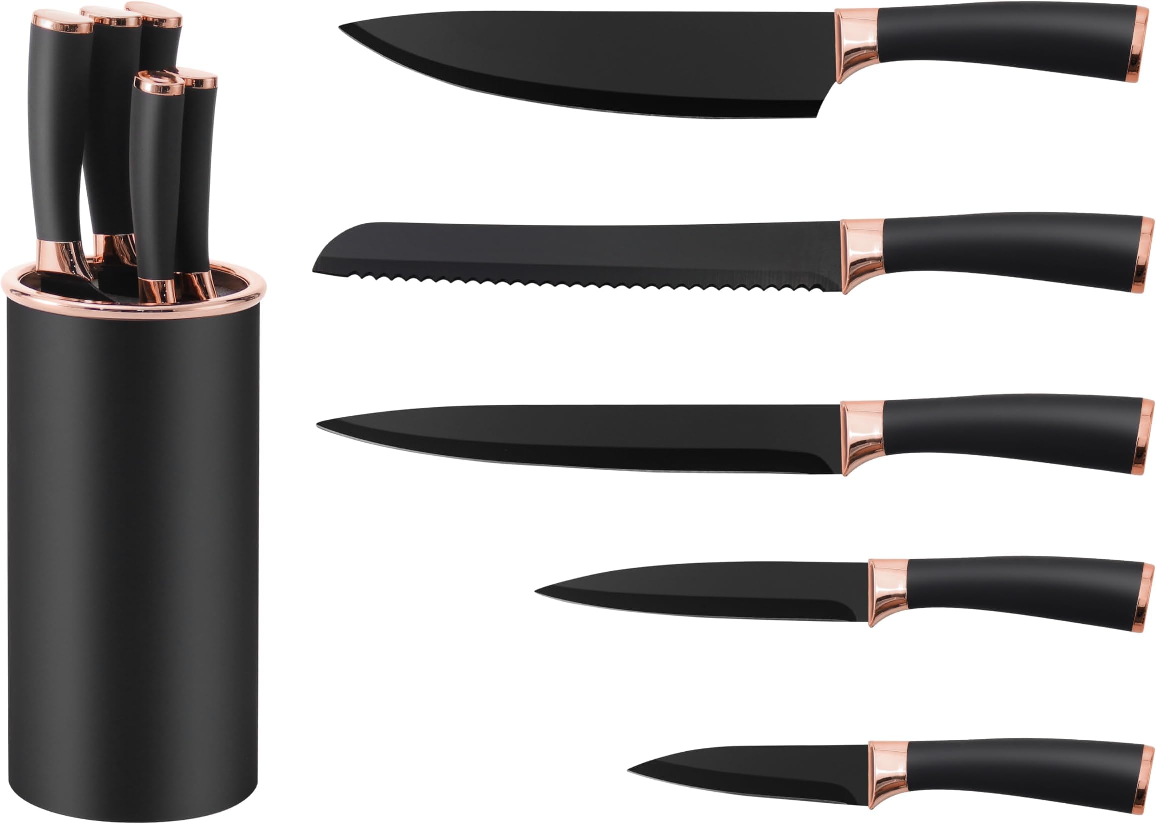6 pieces Black and Rose Gold Knife Set, Extra Sharp Stainless Steel Blade with PP Handle, Non-Slip Chef Knives with Block, Suitable for Home and Restaurants