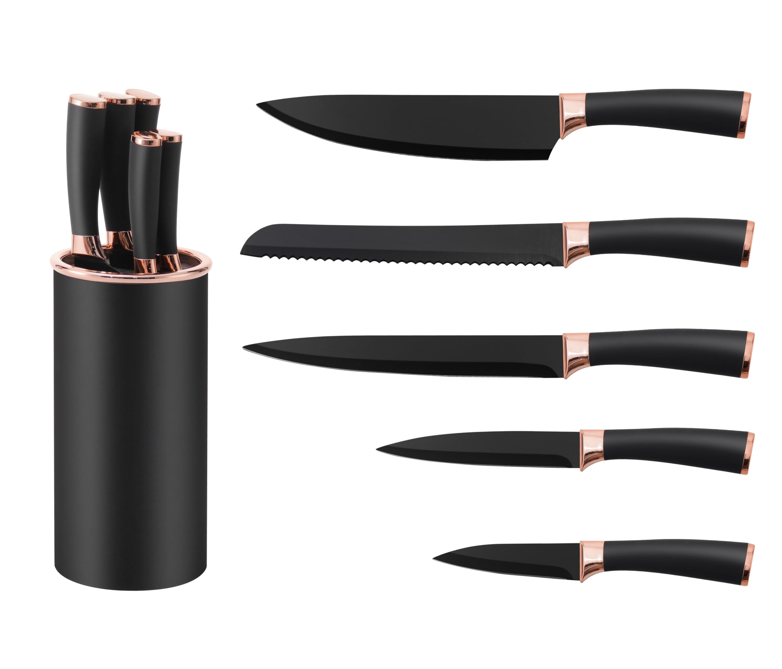 6 pieces Black and Rose Gold Knife Set, Extra Sharp Stainless Steel Blade with PP Handle, Non-Slip Chef Knives with Block, Suitable for Home and Restaurants