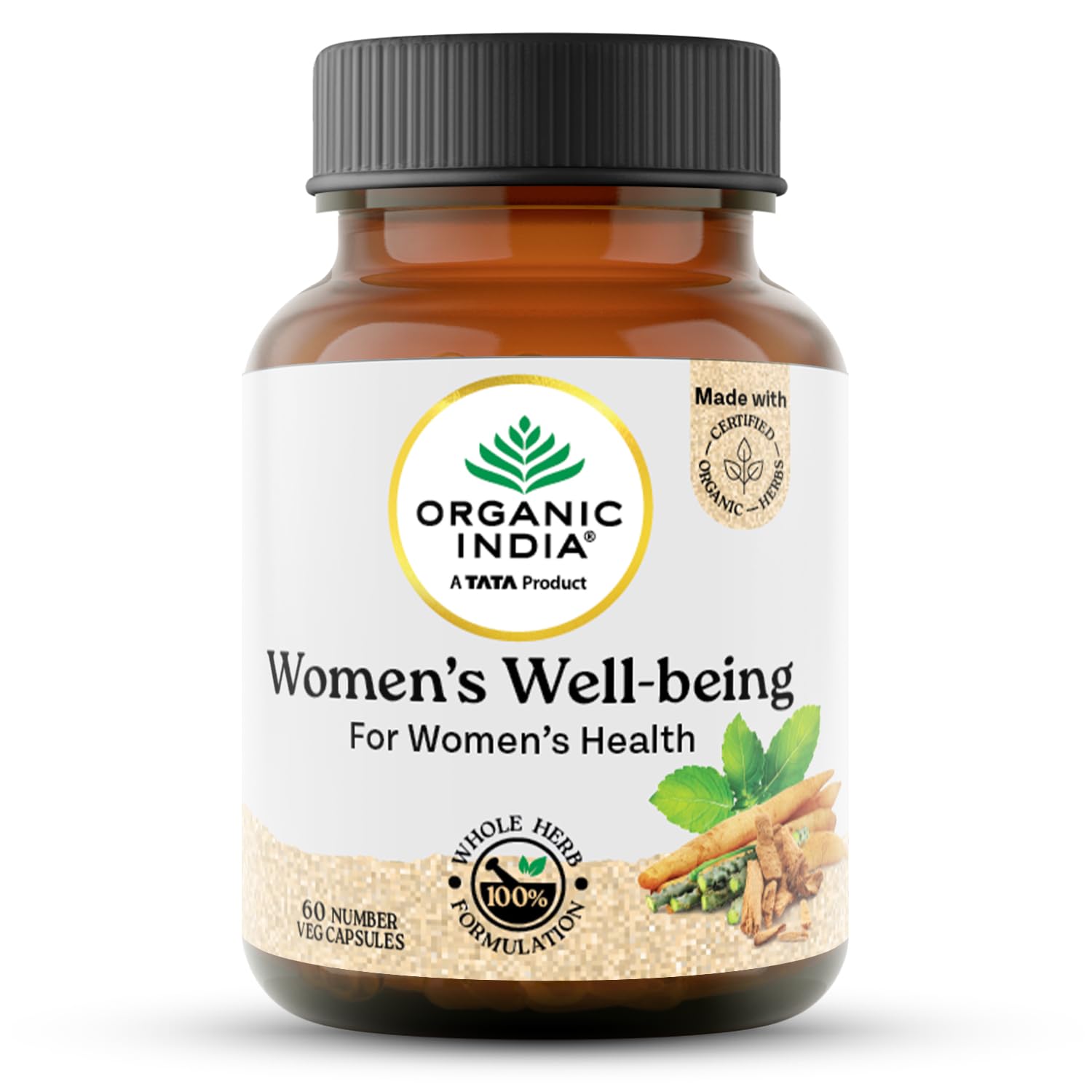 A TATA Product - Organic India Women's Well Being - 60 Veg Capsules, Plant Based Estrogens, Boosts Health & Vitality For Women Of All Ages & Restore Hormonal Balance, GMP & NPOP Certified Organic