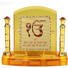 24 Carat Gold Plated Foil on Solid 5MM Thick Acrylic Base Ek Onkar with Mool Mantra God Idol for Car Dashboard with Golden Frame with Pillar GFWP-EkOnkarWithMoolMantra