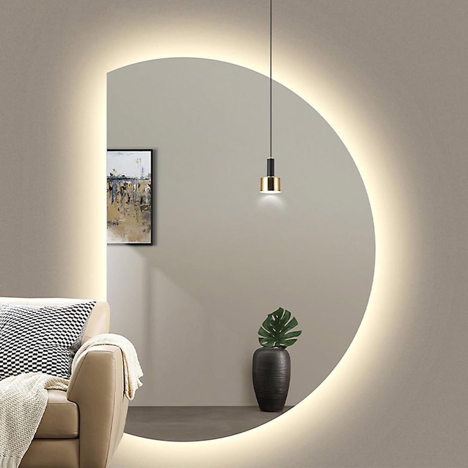 SXFSDOU 39" Frameless Wall Mirror for Bathroom 43" Half Circle Backlit LED Lighted Dimmable Anti-Fog Vanity Shatter-Proof Home Deco(Left Cut,90x60cm/35x24)