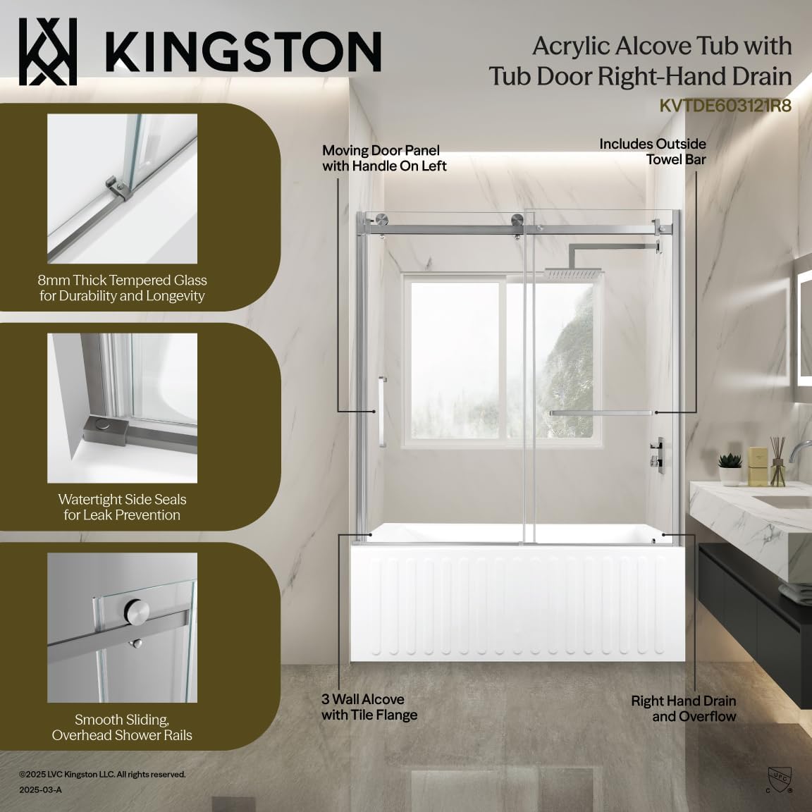 Kingston Brass KVTDE603121R8 60" Acrylic Rectangular 3-Wall Alcove Tub with Tub Door, Right Hand Drain, White/Brushed Nickel