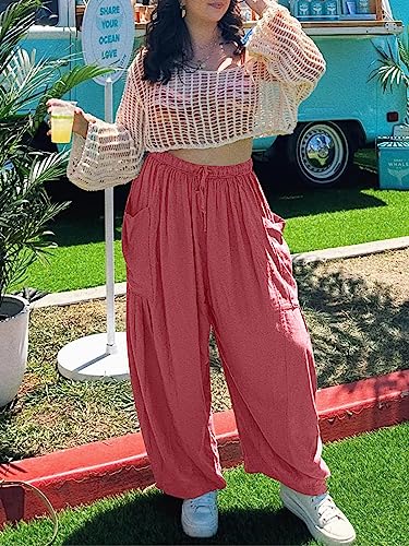 Casual Wide Leg Pants for Women Drawstring Elastic Waist Flowy Loose Pants Long Lounge High Waist Palazzo Pants4