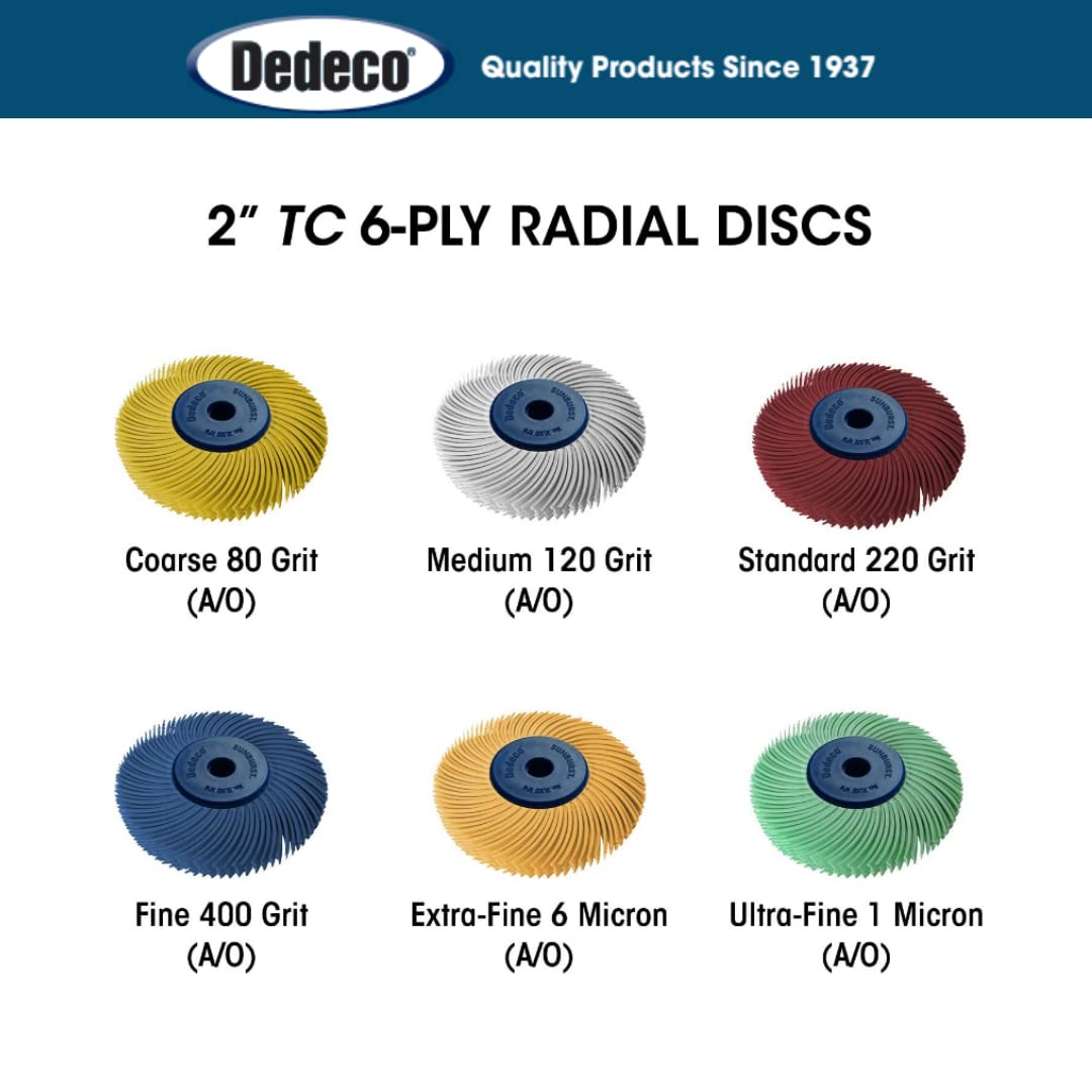 Dedeco Sunburst – Discos de cerdas radiales de 6 capas de 2 pulgadas TC – 1/4 pulgadas Arbor- Herramienta de limpieza y pulido rotativo termoplástico industrial