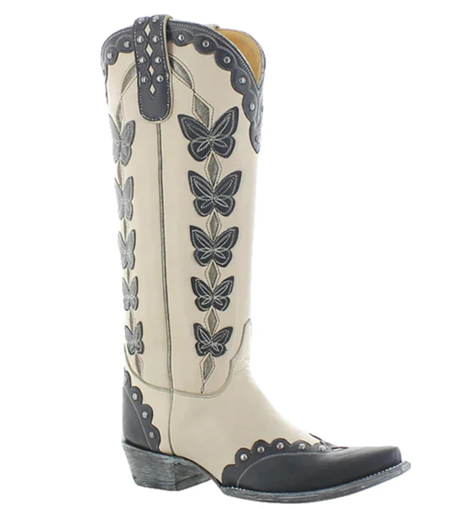 Women Western Cowboy Boots Butterfly Embroidered Pull On Cowgirl Boots Vintage Two Tone Pointed Toe Low Heel Riding