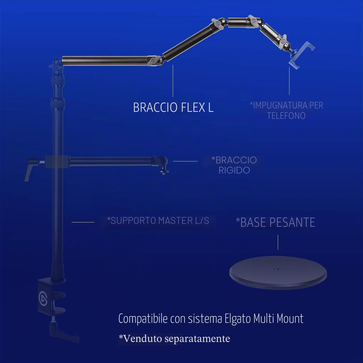 Elgato Flex Arm L, braccio articolato a 4 sezioni di alta qualità fissare e regolare facilmente luci, fotocamere e microfoni, per streaming, videoconferenze e studi, richiede Multi Mount Essential