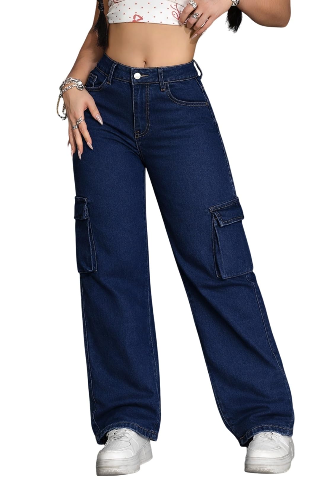 adbucks Women's High-Waisted Wide-Leg Cargo Jeans, Light Blue Denim, Cotton, Multi Utility Pockets, Relaxed Straight Fit-picture-24