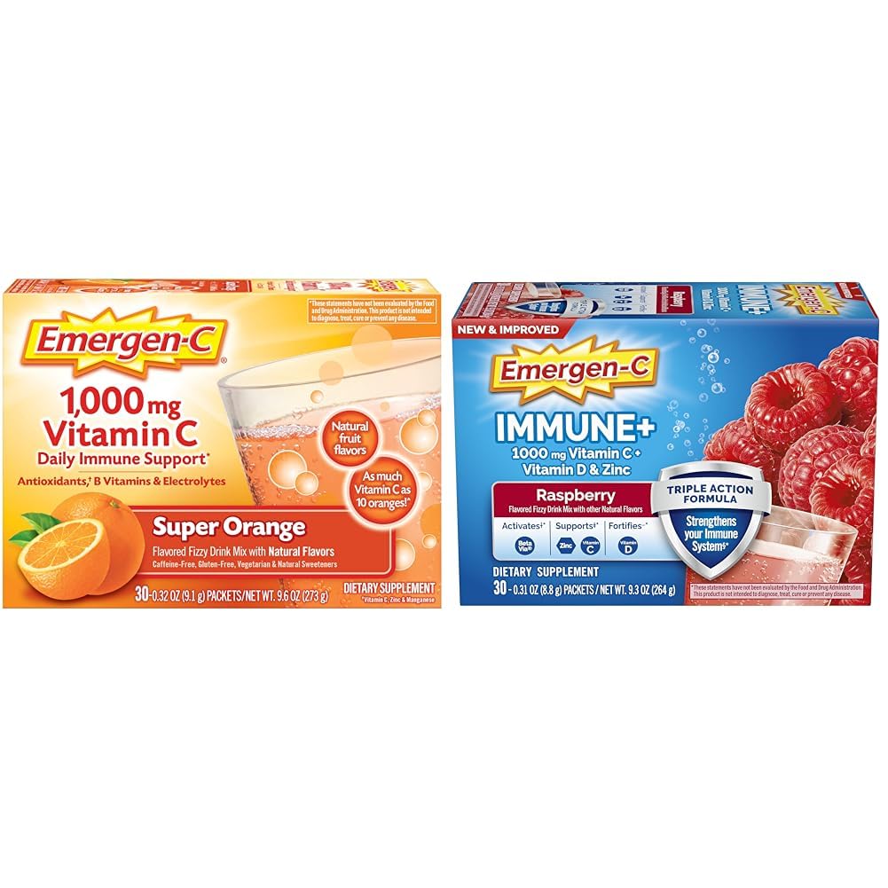 Emergen-C 1000mg Vitamin C Powder for Daily Immune Support Caffeine Free Vitamin C Supplements with Zinc and Manganese & Immune+ Triple Action Immune Support Powder