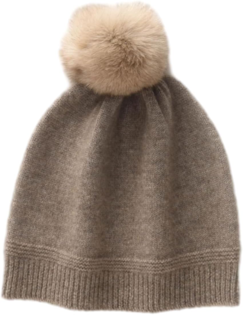 100% Pure Cashmere Cable Beanie Pom Hat for Women Warm Skull Cap Ski Hat ZX96