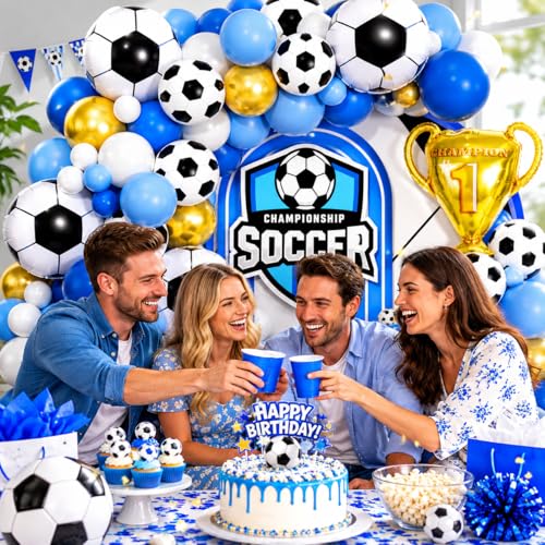Image of Soccer Party Decorations 160Pcs, World Soccer Balloon Garland Arch Kit with 18'' Football Foil Balloons, Blue and White Football Print Balloons for Boys Sports Fan Birthday Soccer Party Decor