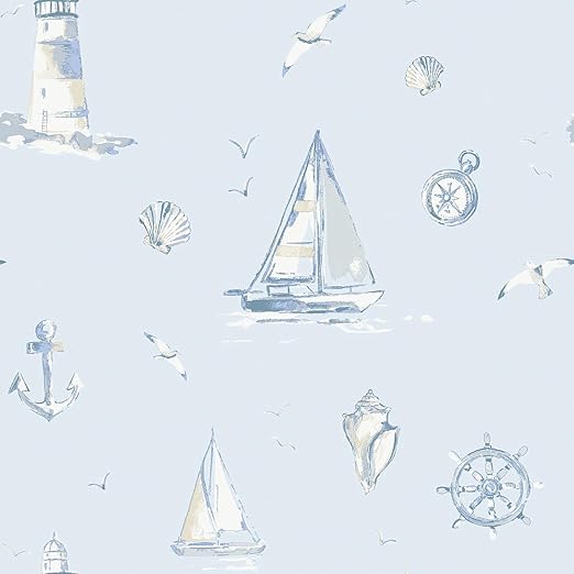 Nautical Blue Wallpaper Grandeco White Kids Children Bedroom Boats