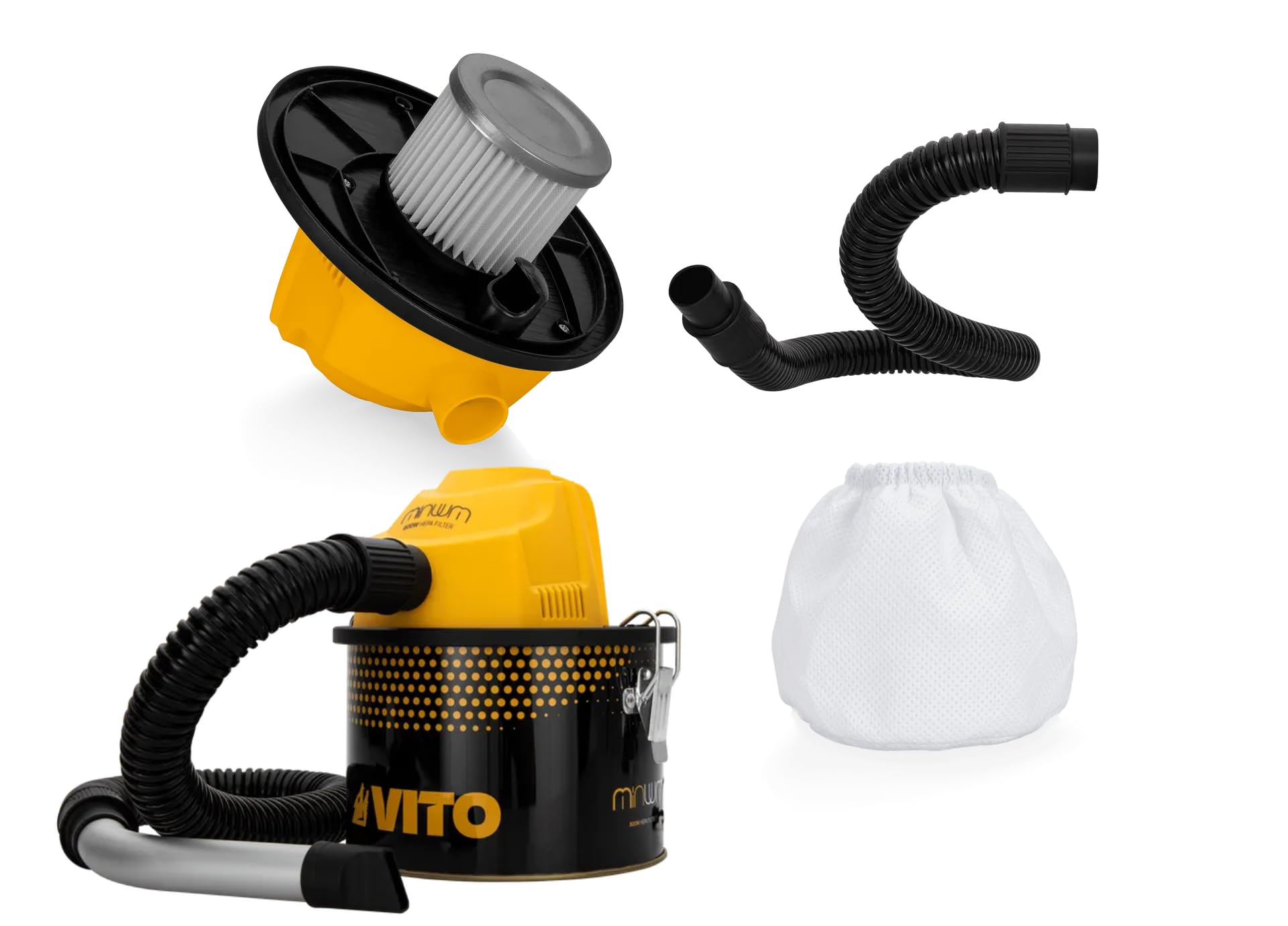 VITO Mini Staubsauger für Pellets - Aschesauger 800w 4L bis 40° auch Grill, kleine Ofen geeignet - HEPA Filter - Aluminiumrohr, Pelletofen, hochwertige Ausführung, Schwarz-gelb