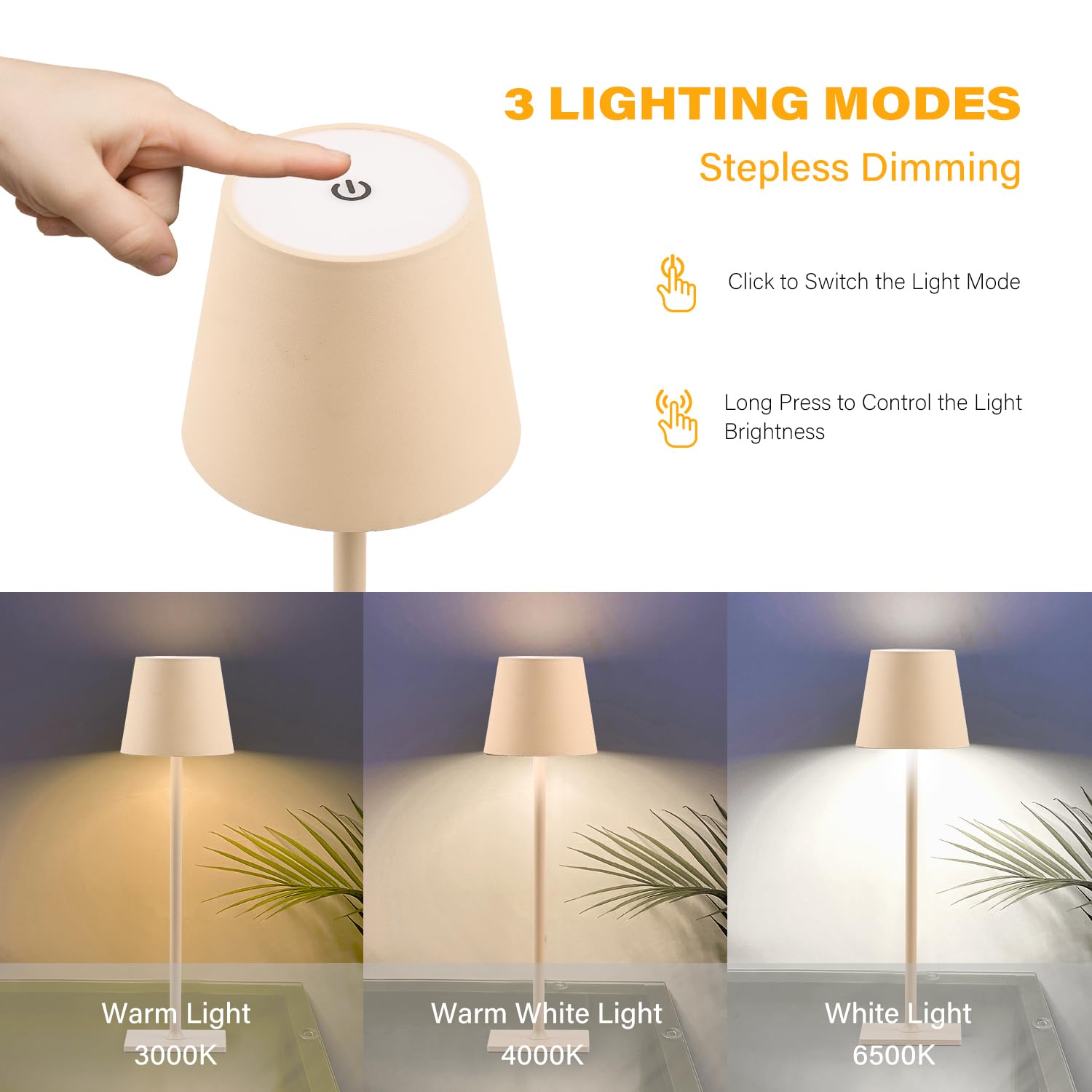 CHLORANTHUS Lot de 2 lampes de table LED sans fil, 3 couleurs à intensité variable en continu, batterie rechargeable de 5000 mAh, lampe de bureau pour chambre à coucher, dîner de couple, bureau, café