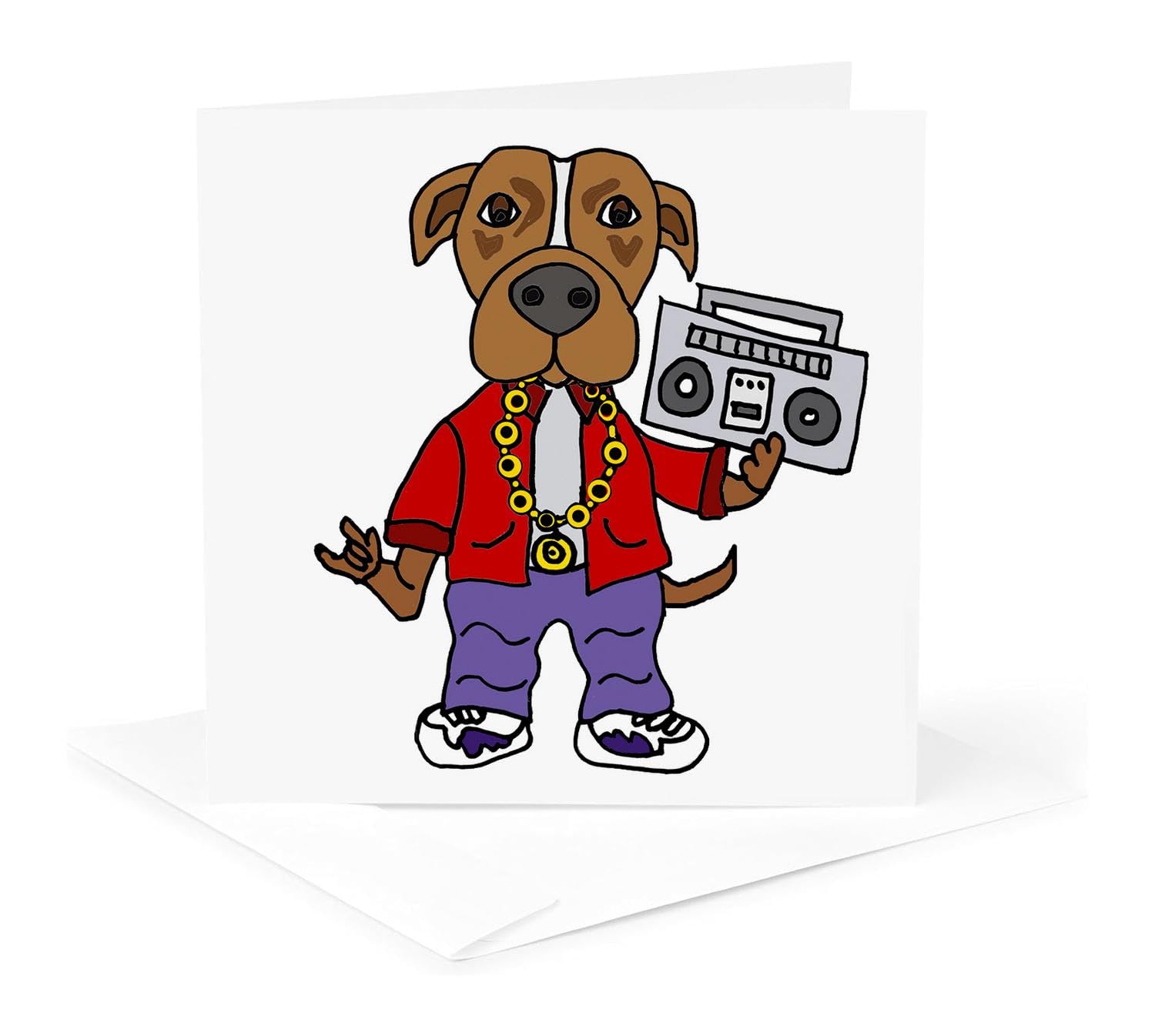 3dRose Greeting Card Funny Pitbull Puppy Dog Rapper Listening to