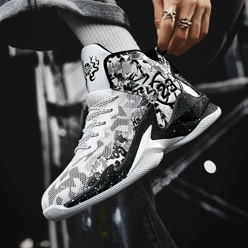 Men's Basketball Shoes with Breathable Non Slip Mesh High Cut Comfortable Sports Training Boots(White Black,8.5)