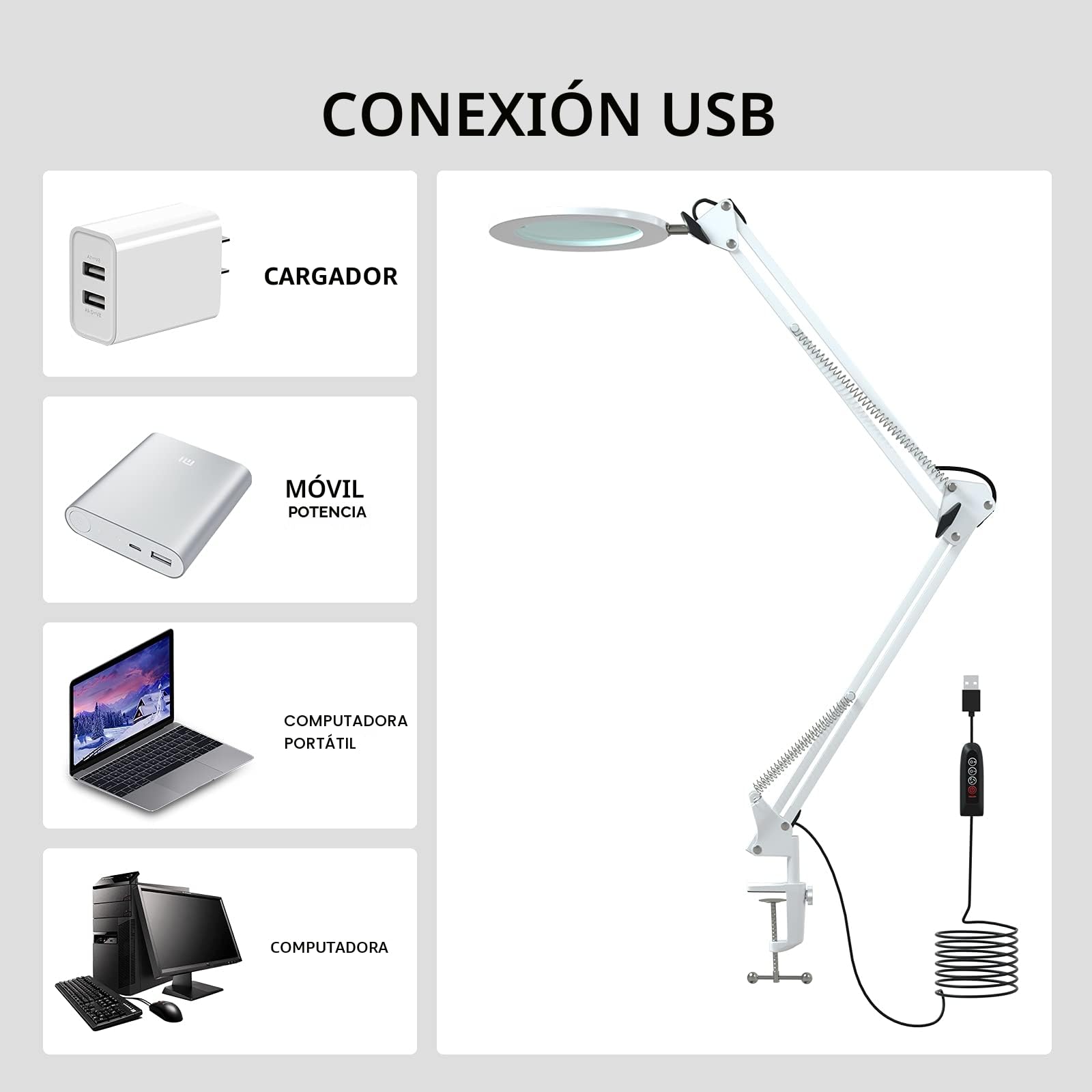 Lámpara de Aumento/Luz de Trabajo - Lente de Cristal 105 mm 5 Dioptrías, 750 Lúmenes Regulable 3 Colores, Brazo Articulado 90 cm para Trabajos de Precisión y Bricolaje