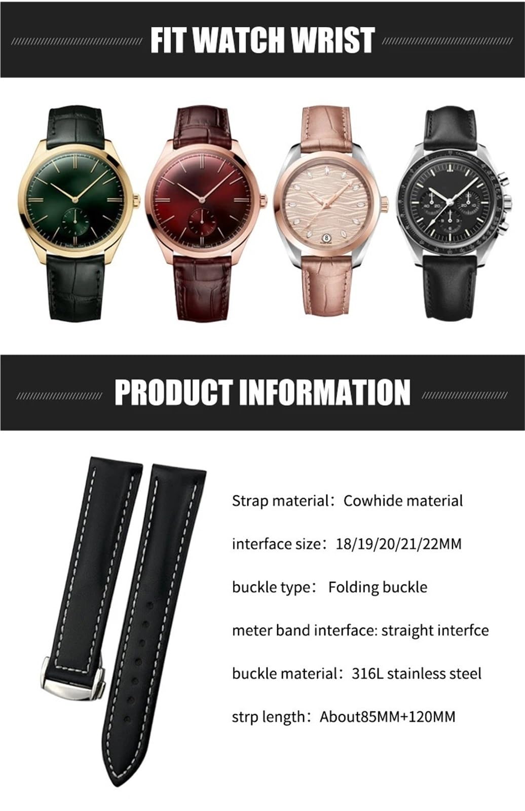 Bracelets en cuir 18 mm 19 mm 20 mm 21 mm 22 mm pour bracelet Omega montre bracelet noir bleu marron