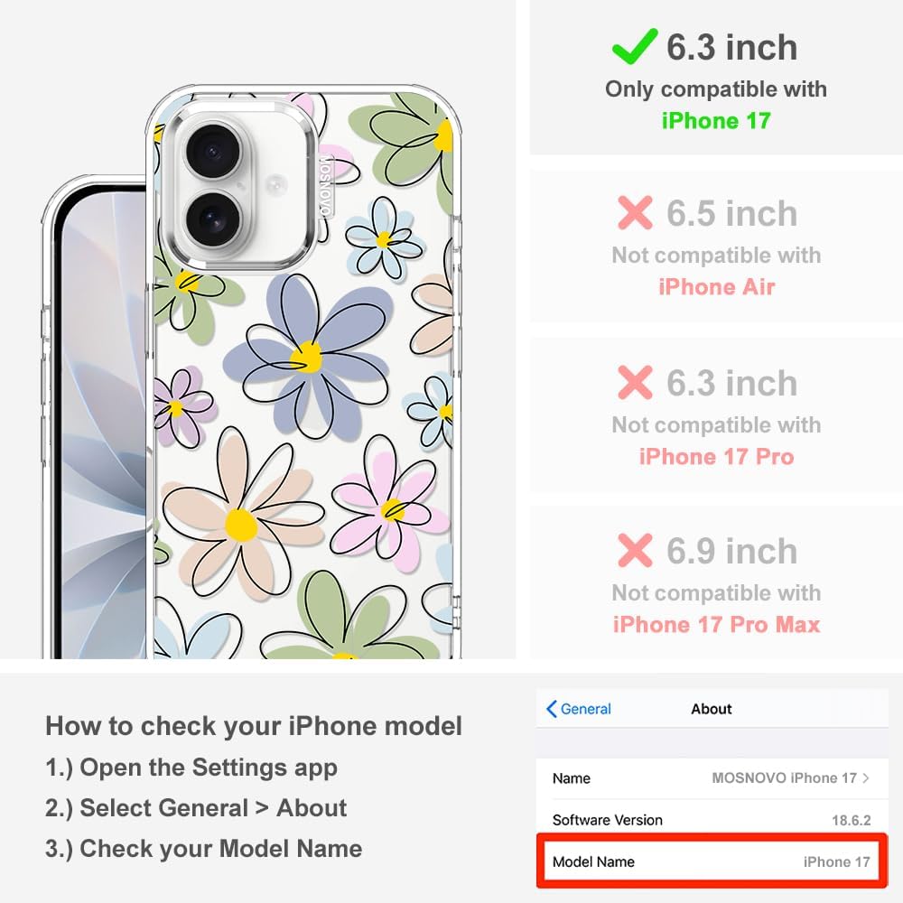 MOSNOVO for iPhone 17 Case | Military Grade 6.6ft Drop Tested | Camera Control | Clear with Linear Blooms Design - Image 2